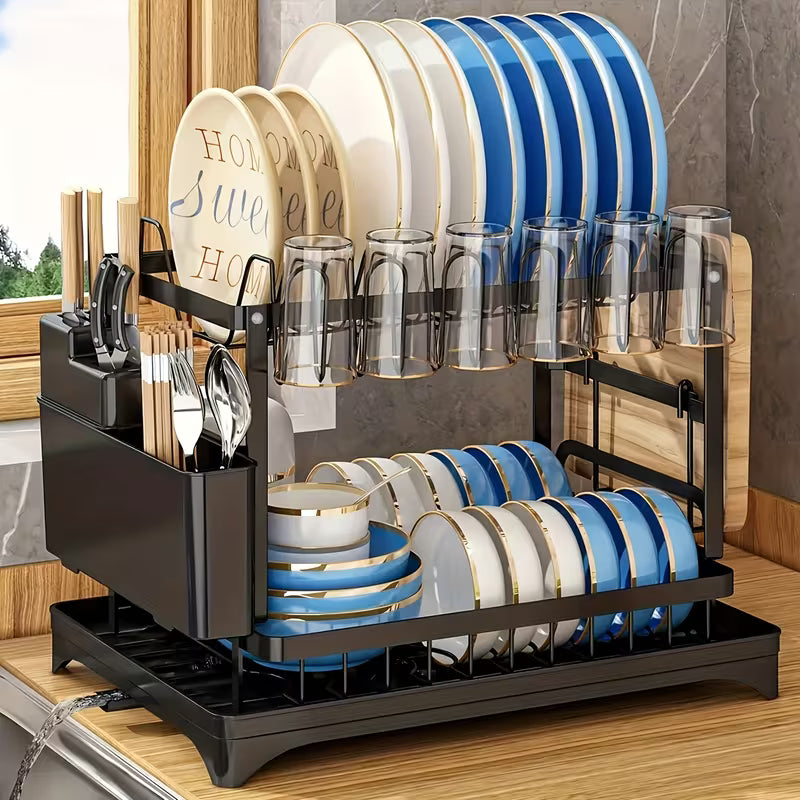 Premium 2 Tier Metal Dish Drying Rack with Utensil Holder