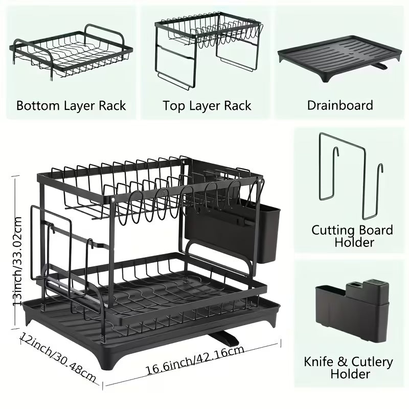 Premium 2 Tier Metal Dish Drying Rack with Utensil Holder