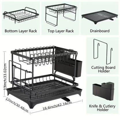 Premium 2 Tier Metal Dish Drying Rack with Utensil Holder