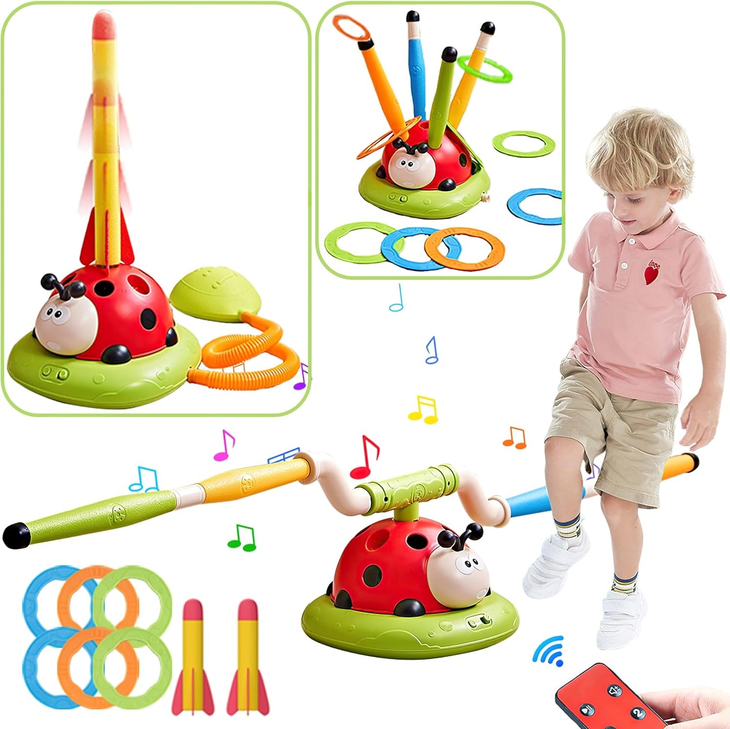 3 In 1 Jump, Ring Toss Game, Stomps & Rocket Launcher for Kids
