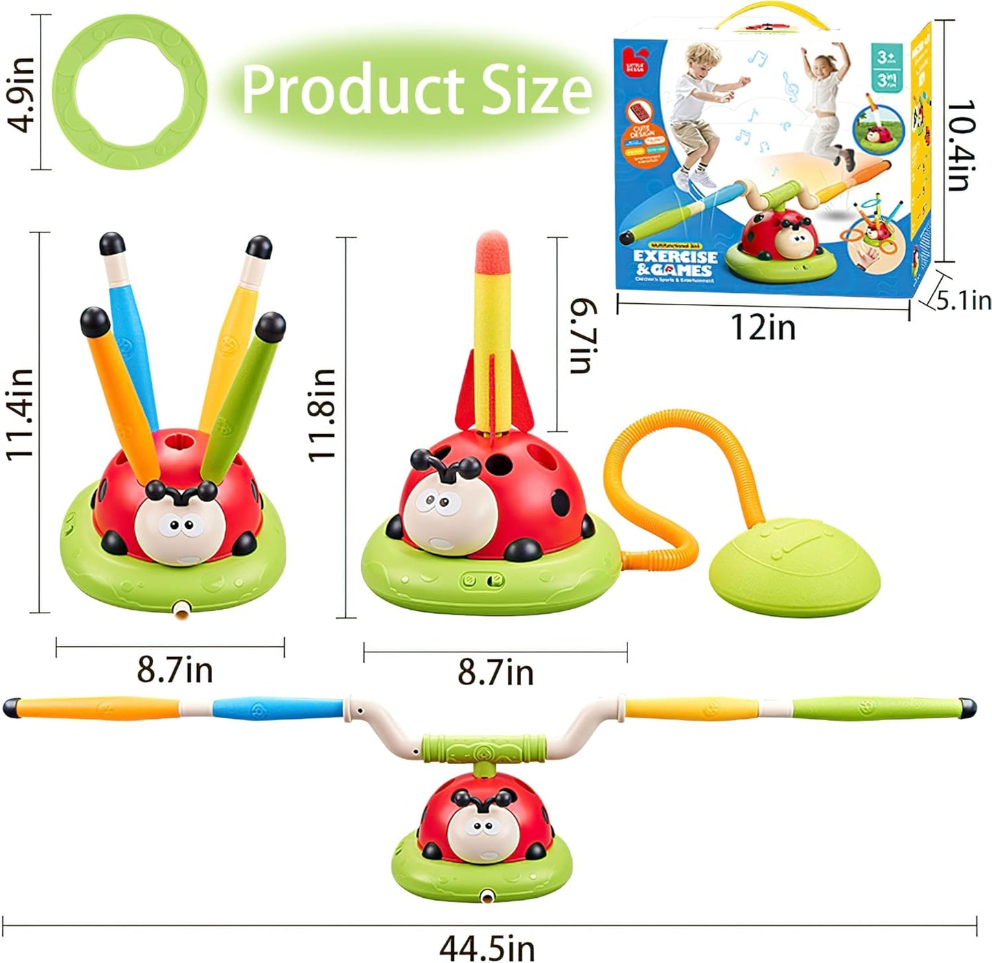 3 In 1 Jump, Ring Toss Game, Stomps & Rocket Launcher for Kids