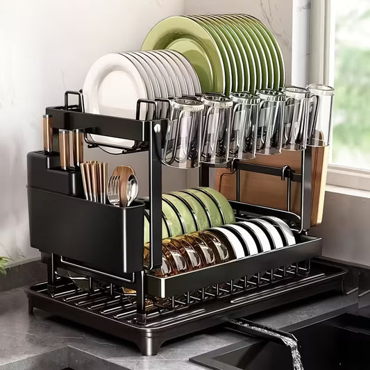 Premium 2 Tier Metal Dish Drying Rack with Utensil Holder