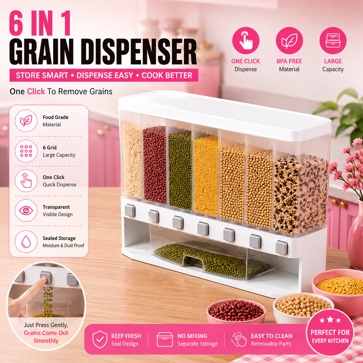 Rice Grain Storage Container, Multi-Division (6 Portion Storage)
